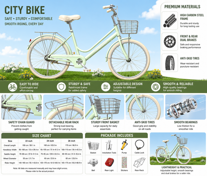 Elegant Women’s City Bike – Comfortable Cruiser Bicycle with Basket, Adjustable Seat & Smooth Riding Experience